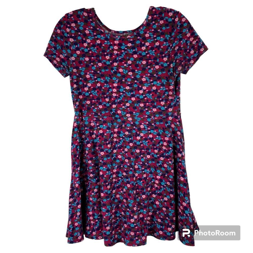 5/$15 Falls Creek Pink Purple Floral Short Sleeve Skater Play Dress L 10-12